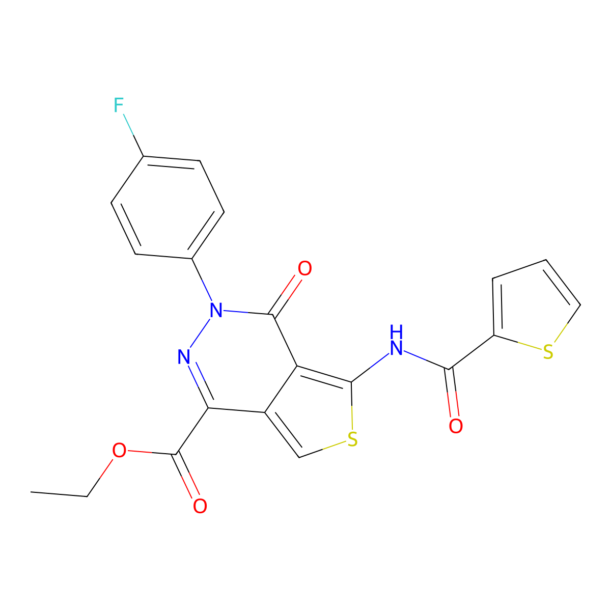Ethyl 3-(4-fluorophenyl)-4-oxo-5-(thiophene-2-carboxamido)-3,4-dihydrothieno[3,4-d]pyridazine-1-carboxylate molecular structure, CAS 851949-92-3