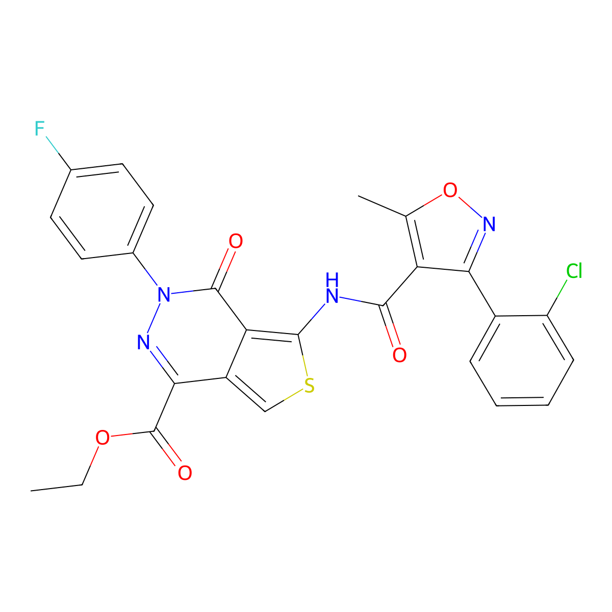 Ethyl 5-(3-(2-chlorophenyl)-5-methylisoxazole-4-carboxamido)-3-(4-fluorophenyl)-4-oxo-3,4-dihydrothieno[3,4-d]pyridazine-1-carboxylate molecular structure, CAS 851949-94-5