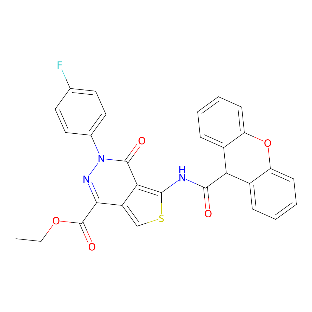 ethyl 3-(4-fluorophenyl)-4-oxo-5-(9H-xanthene-9-carboxamido)-3,4-dihydrothieno[3,4-d]pyridazine-1-carboxylate molecular structure, CAS 851949-96-7