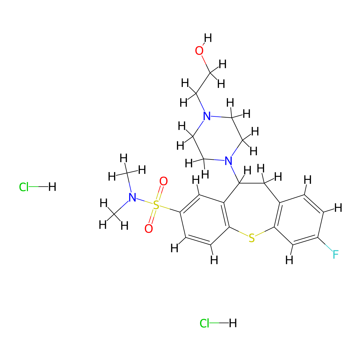 Dibenzo(b,f)thiepin-2-sulfonamide, 10,11-dihydro-7-fluoro-11-(4-(2-hydroxyethyl)-1-piperazinyl)-N,N-dimethyl-, hydrochloride, hydrate (1:2:1) molecular structure, CAS 85195-85-3