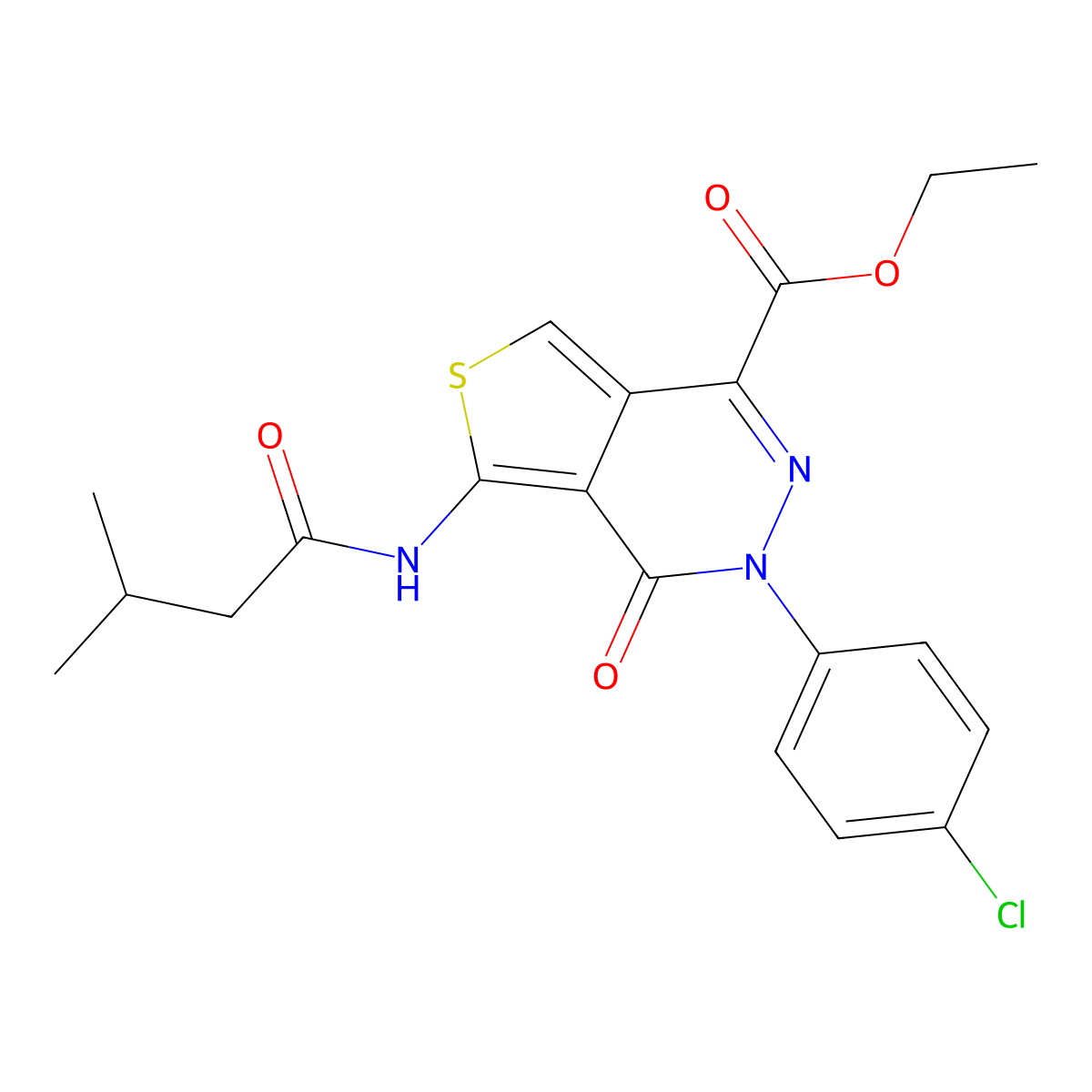 Ethyl 3-(4-chlorophenyl)-5-(3-methylbutanoylamino)-4-oxothieno[3,4-d]pyridazine-1-carboxylate molecular structure, CAS 851950-04-4