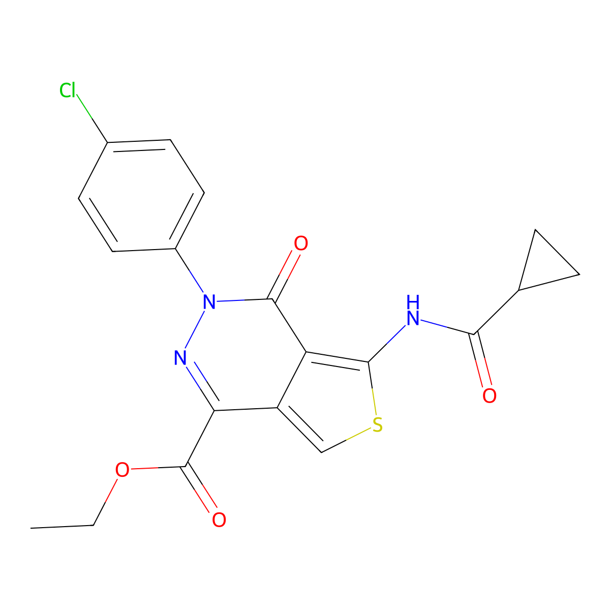 Ethyl 3-(4-chlorophenyl)-5-(cyclopropanecarbonylamino)-4-oxothieno[3,4-d]pyridazine-1-carboxylate molecular structure, CAS 851950-07-7