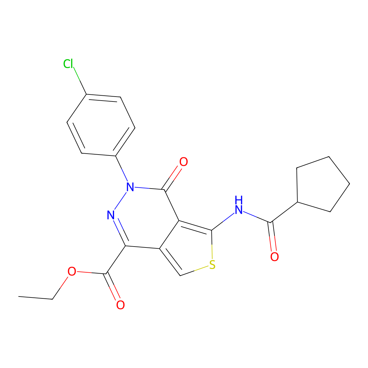 Ethyl 3-(4-chlorophenyl)-5-(cyclopentanecarbonylamino)-4-oxothieno[3,4-d]pyridazine-1-carboxylate molecular structure, CAS 851950-08-8