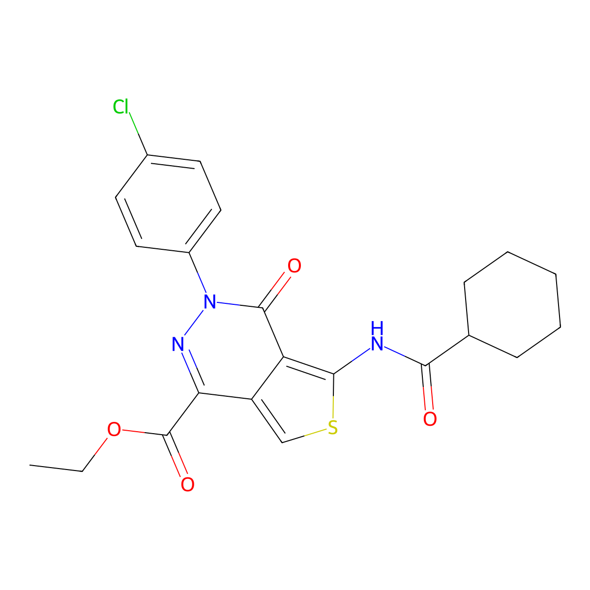 Ethyl 3-(4-chlorophenyl)-5-(cyclohexanecarboxamido)-4-oxo-3,4-dihydrothieno[3,4-d]pyridazine-1-carboxylate molecular structure, CAS 851950-09-9