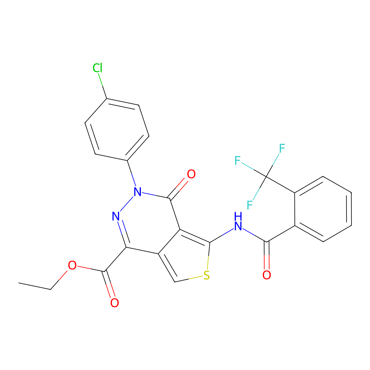 Ethyl 3-(4-chlorophenyl)-4-oxo-5-(2-(trifluoromethyl)benzamido)-3,4-dihydrothieno[3,4-d]pyridazine-1-carboxylate molecular structure, CAS 851950-61-3