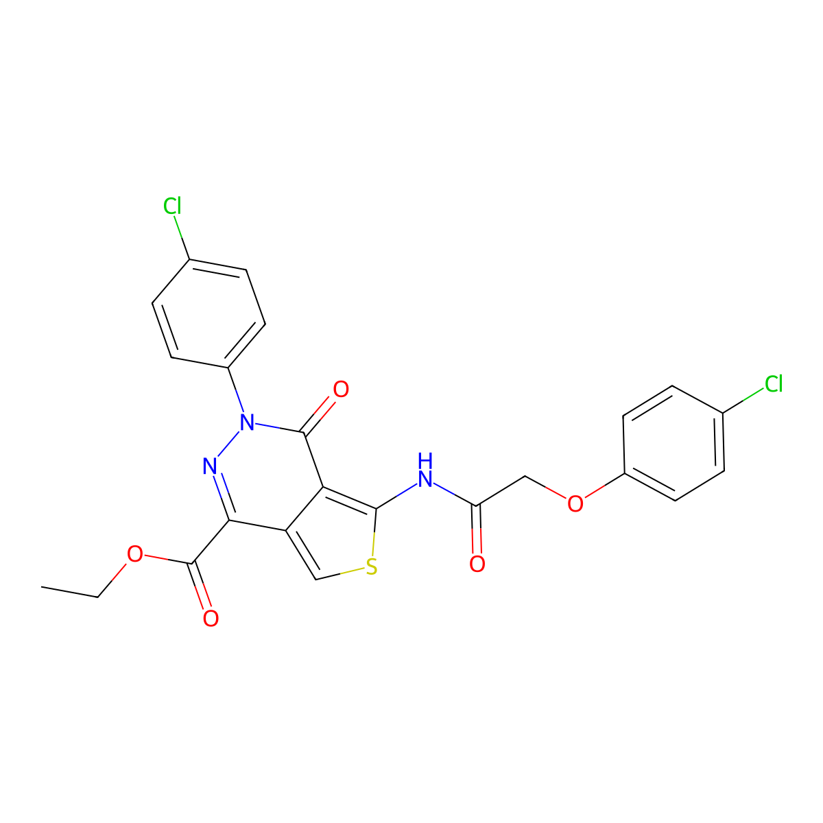 Ethyl 5-[[2-(4-chlorophenoxy)acetyl]amino]-3-(4-chlorophenyl)-4-oxothieno[3,4-d]pyridazine-1-carboxylate molecular structure, CAS 851950-70-4