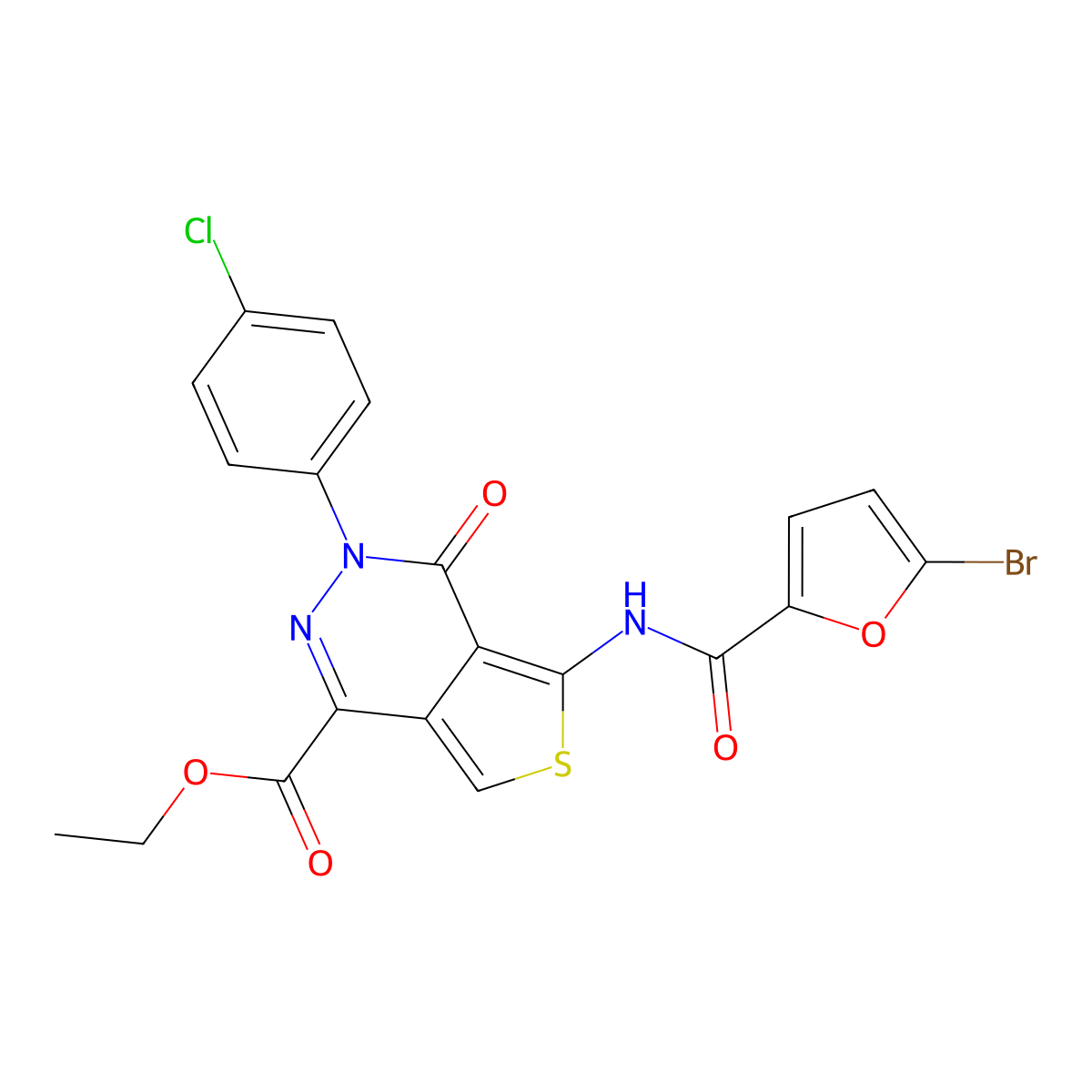 Ethyl 5-(5-bromofuran-2-carboxamido)-3-(4-chlorophenyl)-4-oxo-3,4-dihydrothieno[3,4-d]pyridazine-1-carboxylate molecular structure, CAS 851950-91-9