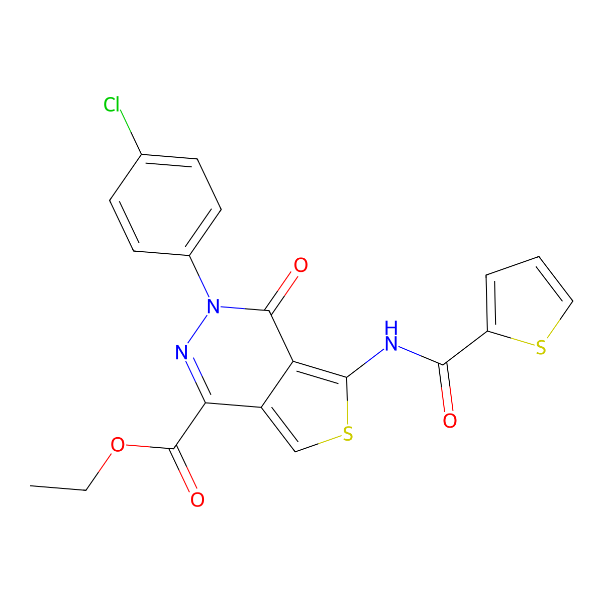 Ethyl 3-(4-chlorophenyl)-4-oxo-5-(thiophene-2-carboxamido)-3,4-dihydrothieno[3,4-d]pyridazine-1-carboxylate molecular structure, CAS 851950-92-0