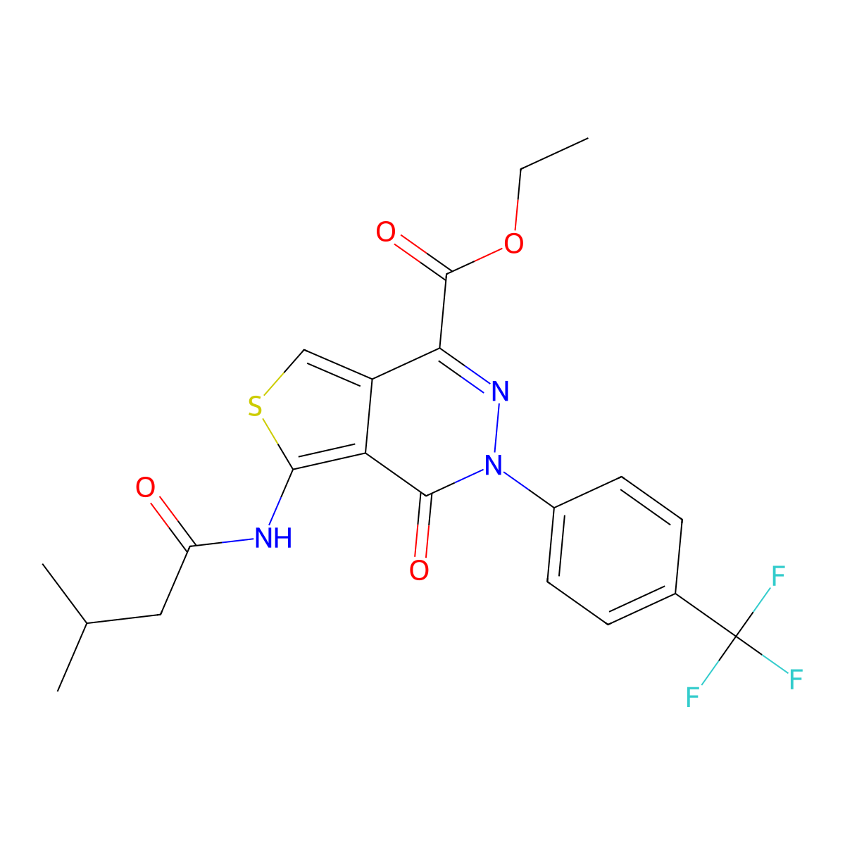 Ethyl 5-(3-methylbutanamido)-4-oxo-3-(4-(trifluoromethyl)phenyl)-3,4-dihydrothieno[3,4-d]pyridazine-1-carboxylate molecular structure, CAS 851951-03-6