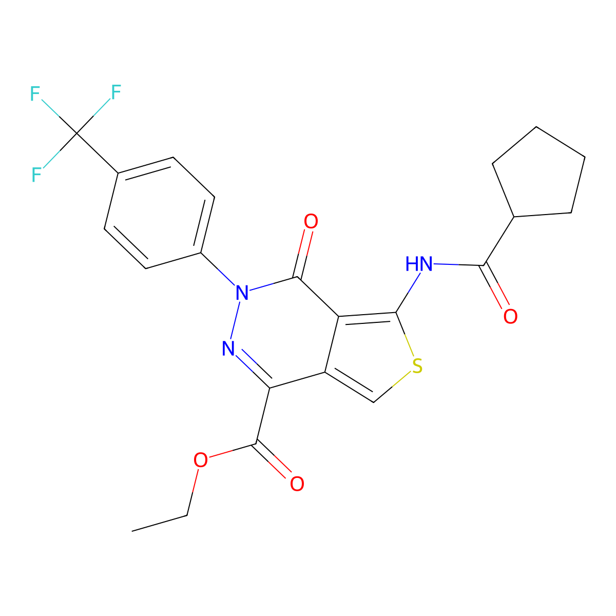 Ethyl 5-(cyclopentanecarboxamido)-4-oxo-3-(4-(trifluoromethyl)phenyl)-3,4-dihydrothieno[3,4-d]pyridazine-1-carboxylate molecular structure, CAS 851951-07-0