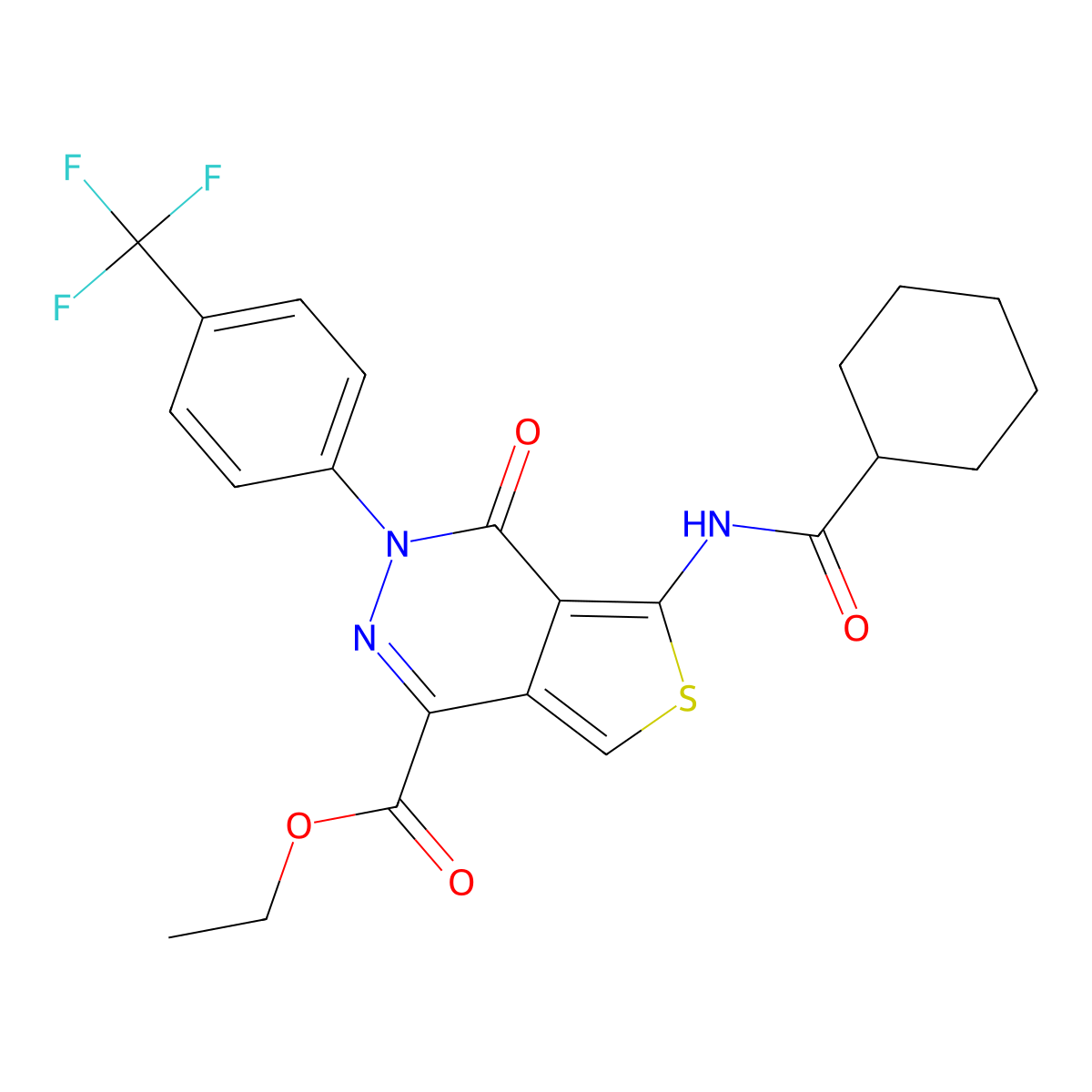 Ethyl 5-(cyclohexanecarboxamido)-4-oxo-3-(4-(trifluoromethyl)phenyl)-3,4-dihydrothieno[3,4-d]pyridazine-1-carboxylate molecular structure, CAS 851951-08-1