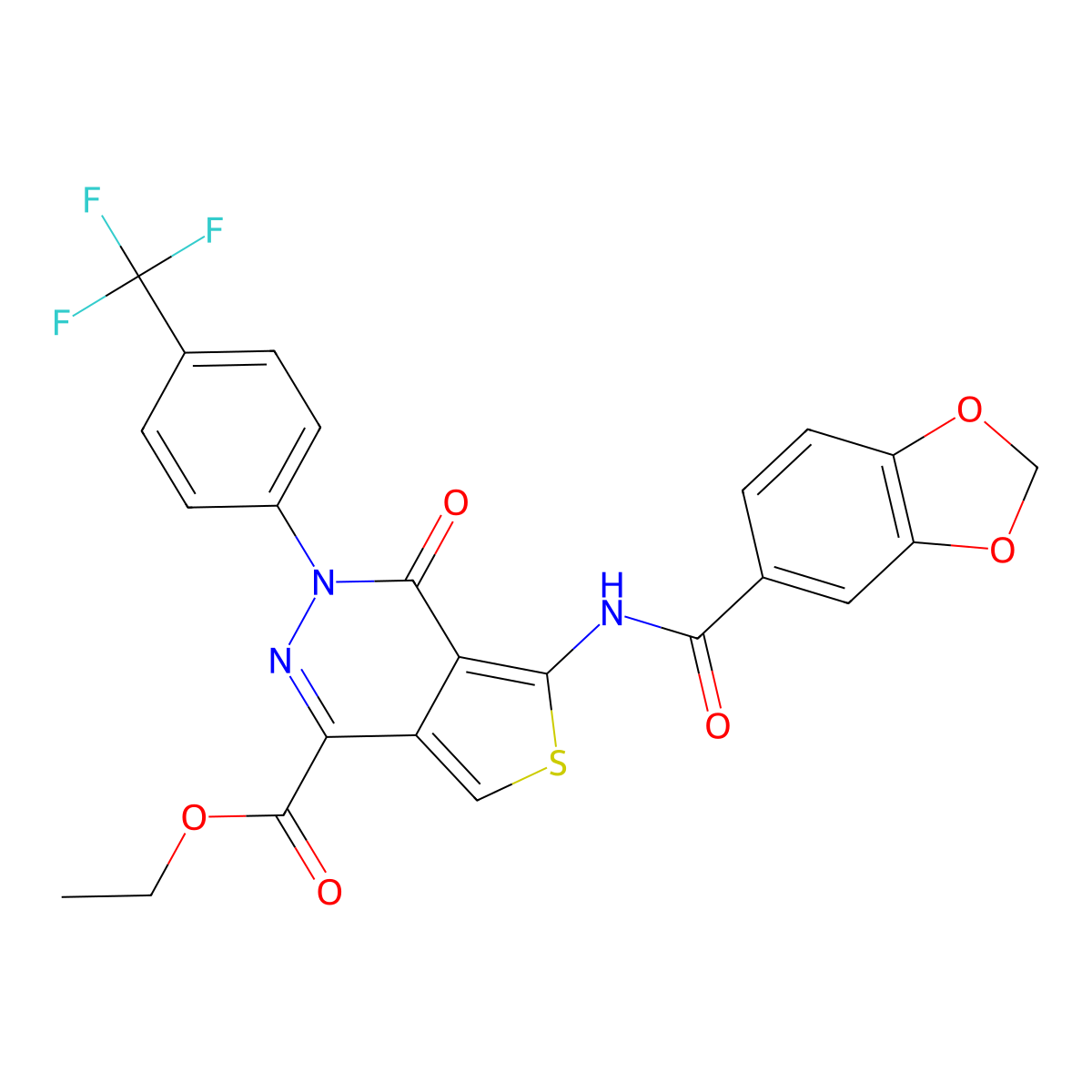 Ethyl 5-(1,3-benzodioxole-5-carbonylamino)-4-oxo-3-[4-(trifluoromethyl)phenyl]thieno[3,4-d]pyridazine-1-carboxylate molecular structure, CAS 851951-23-0