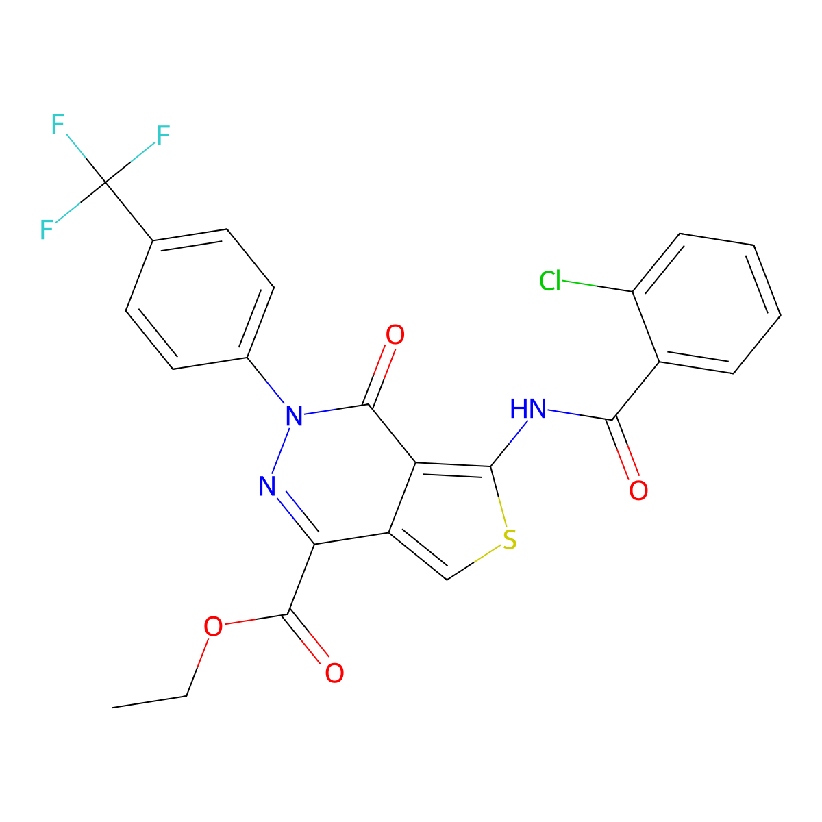 Ethyl 5-(2-chlorobenzamido)-4-oxo-3-(4-(trifluoromethyl)phenyl)-3,4-dihydrothieno[3,4-d]pyridazine-1-carboxylate molecular structure, CAS 851951-27-4