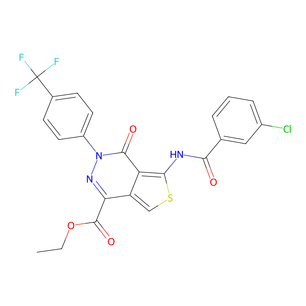 Ethyl 5-(3-chlorobenzamido)-4-oxo-3-(4-(trifluoromethyl)phenyl)-3,4-dihydrothieno[3,4-d]pyridazine-1-carboxylate molecular structure, CAS 851951-28-5