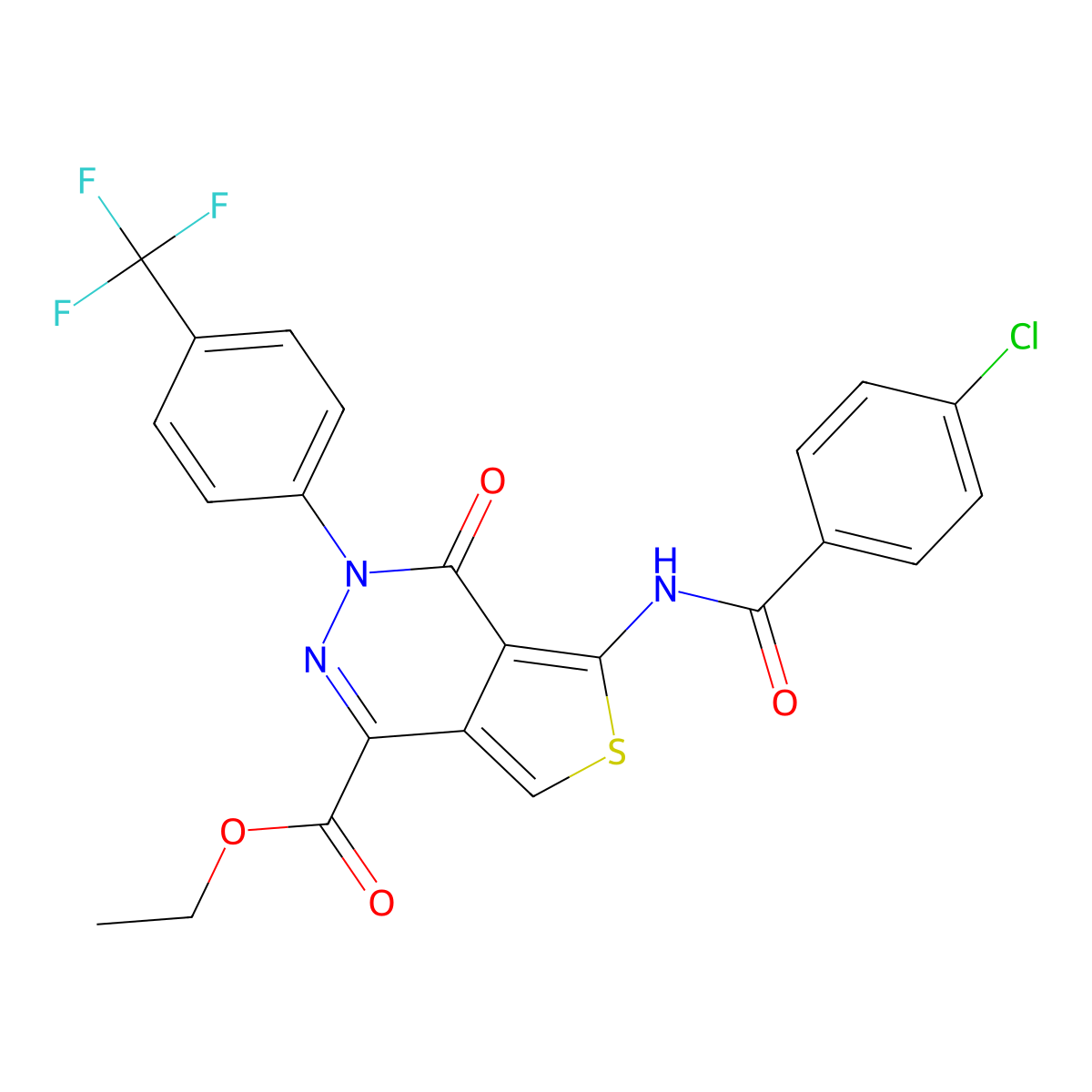 Ethyl 5-(4-chlorobenzamido)-4-oxo-3-(4-(trifluoromethyl)phenyl)-3,4-dihydrothieno[3,4-d]pyridazine-1-carboxylate molecular structure, CAS 851951-29-6