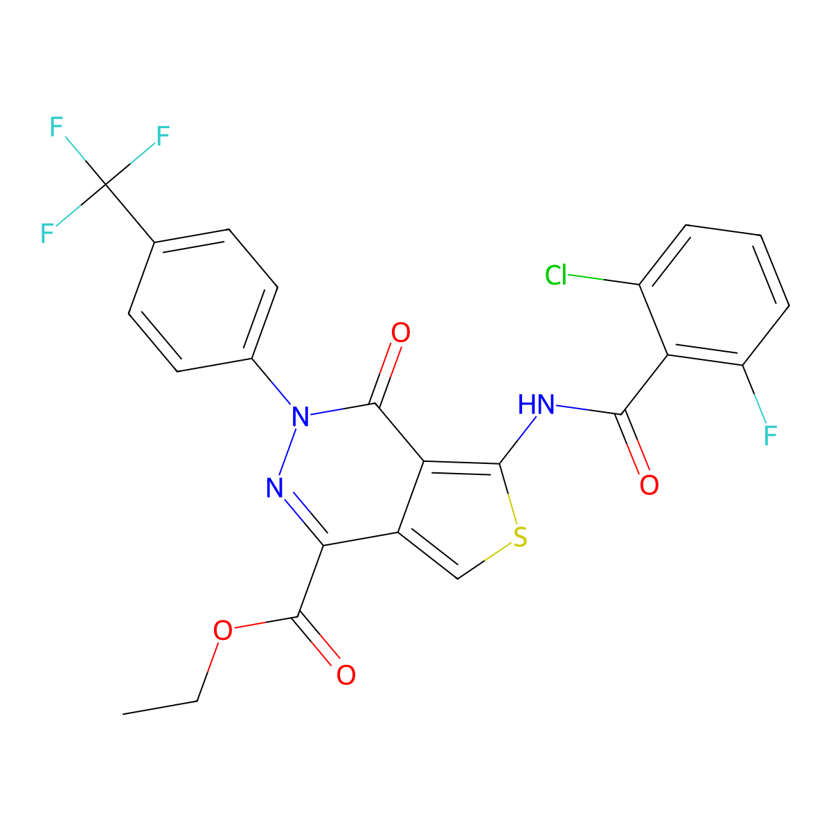 Ethyl 5-(2-chloro-6-fluorobenzamido)-4-oxo-3-(4-(trifluoromethyl)phenyl)-3,4-dihydrothieno[3,4-d]pyridazine-1-carboxylate molecular structure, CAS 851951-32-1