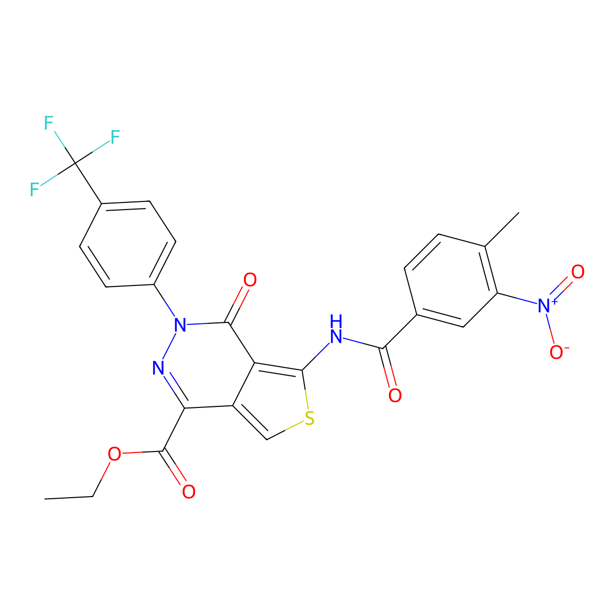 Ethyl 5-(4-methyl-3-nitrobenzamido)-4-oxo-3-(4-(trifluoromethyl)phenyl)-3,4-dihydrothieno[3,4-d]pyridazine-1-carboxylate molecular structure, CAS 851951-37-6