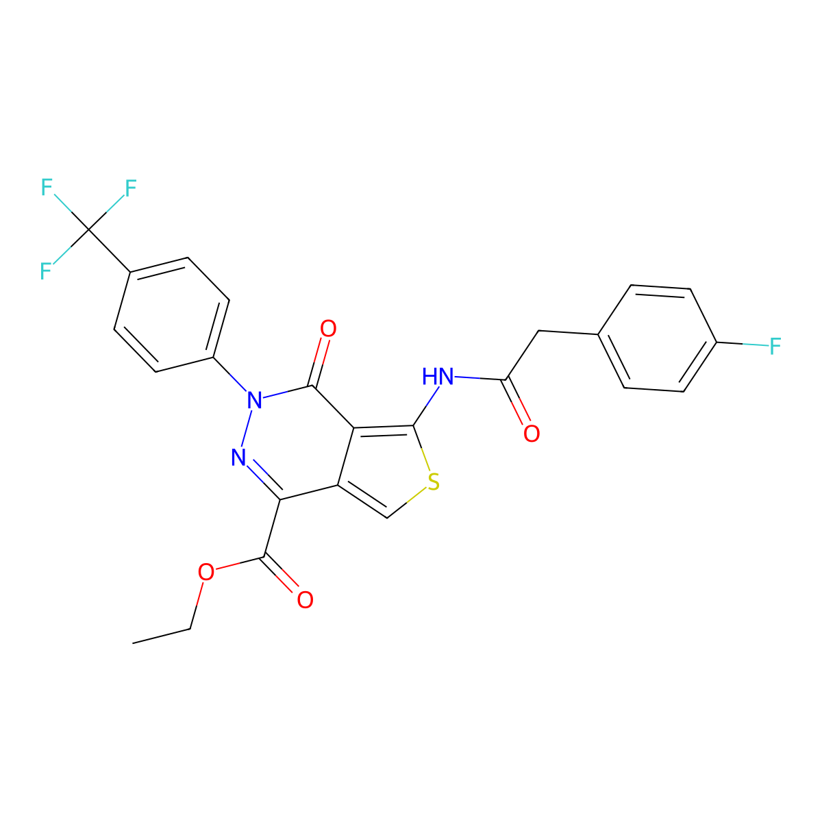 Ethyl 5-[[2-(4-fluorophenyl)acetyl]amino]-4-oxo-3-[4-(trifluoromethyl)phenyl]thieno[3,4-d]pyridazine-1-carboxylate molecular structure, CAS 851951-42-3