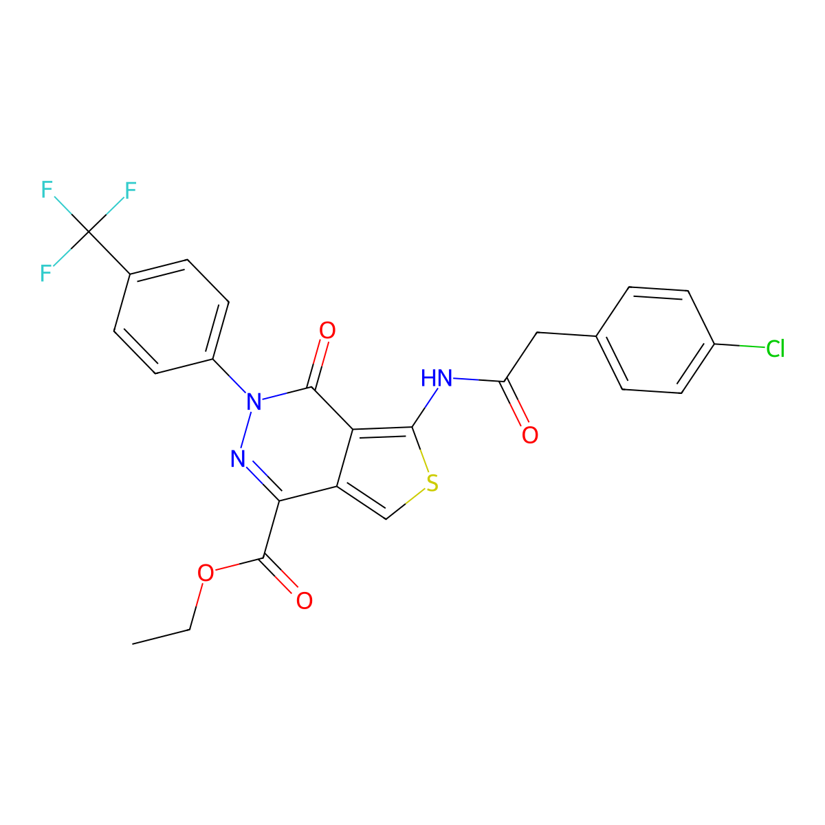 Ethyl 5-(2-(4-chlorophenyl)acetamido)-4-oxo-3-(4-(trifluoromethyl)phenyl)-3,4-dihydrothieno[3,4-d]pyridazine-1-carboxylate molecular structure, CAS 851951-43-4