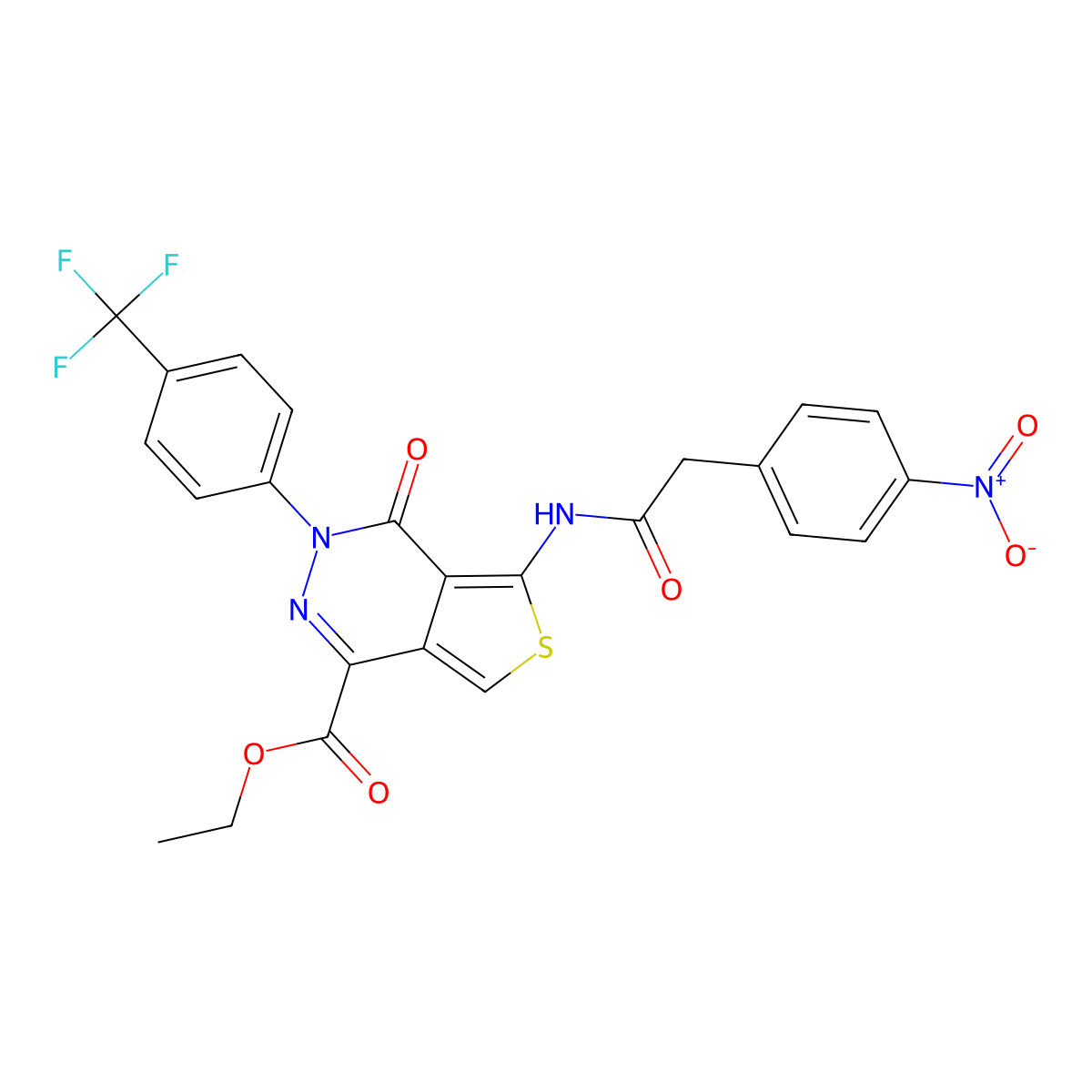 Ethyl 5-(2-(4-nitrophenyl)acetamido)-4-oxo-3-(4-(trifluoromethyl)phenyl)-3,4-dihydrothieno[3,4-d]pyridazine-1-carboxylate molecular structure, CAS 851951-44-5