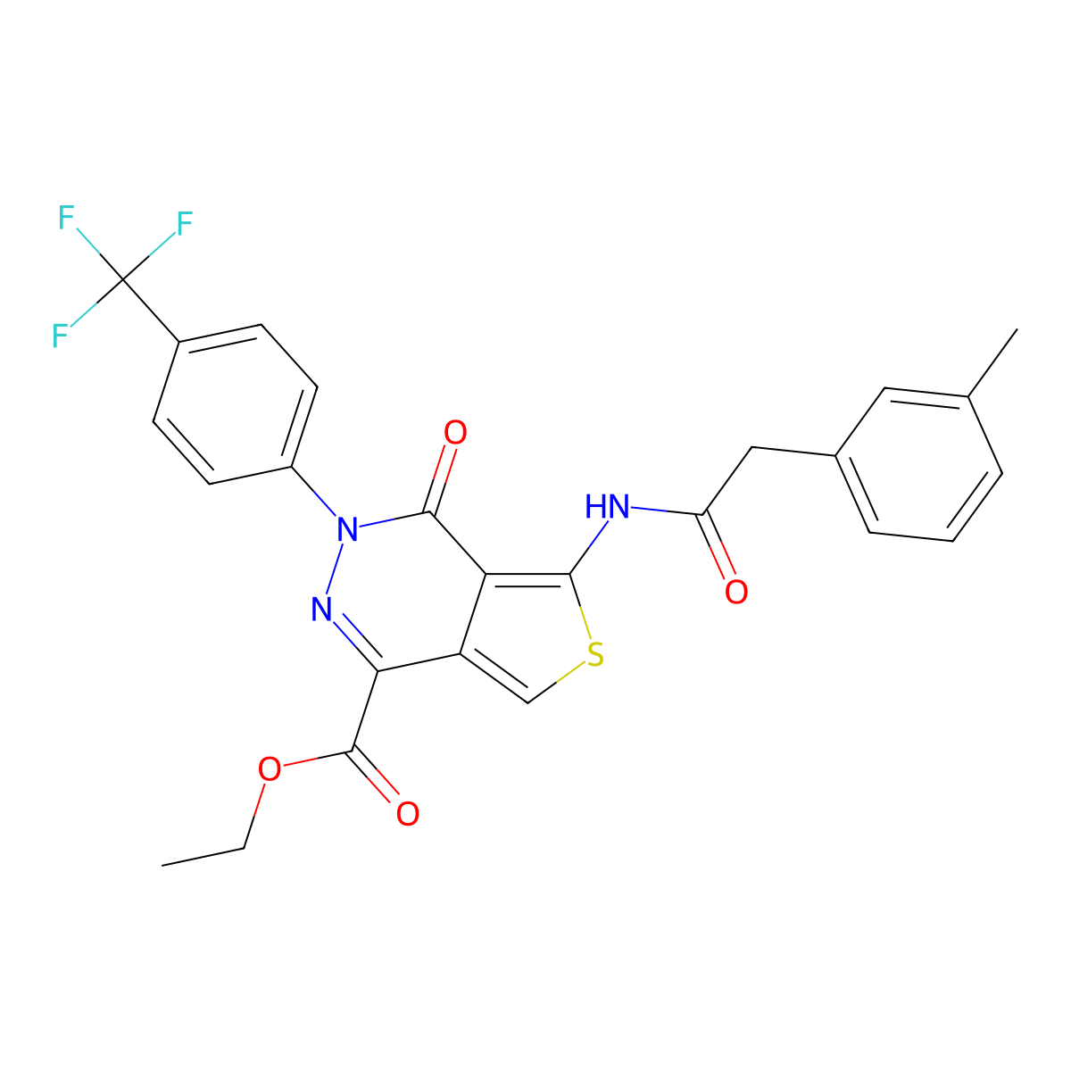Ethyl 5-[[2-(3-methylphenyl)acetyl]amino]-4-oxo-3-[4-(trifluoromethyl)phenyl]thieno[3,4-d]pyridazine-1-carboxylate molecular structure, CAS 851951-45-6