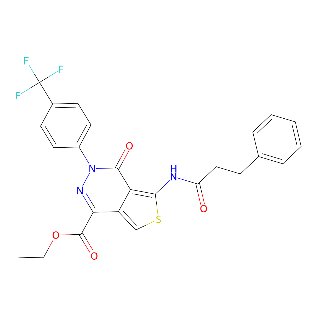 Ethyl 4-oxo-5-(3-phenylpropanamido)-3-(4-(trifluoromethyl)phenyl)-3,4-dihydrothieno[3,4-d]pyridazine-1-carboxylate molecular structure, CAS 851951-47-8