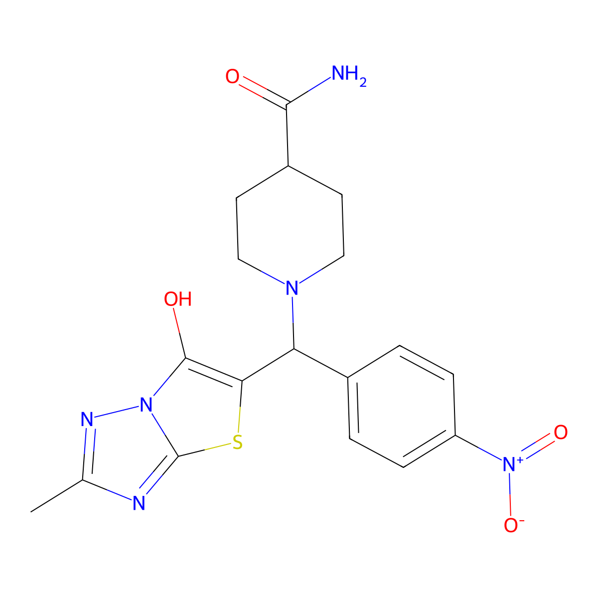1-((6-Hydroxy-2-methylthiazolo[3,2-b][1,2,4]triazol-5-yl)(4-nitrophenyl)methyl)piperidine-4-carboxamide molecular structure, CAS 851969-12-5