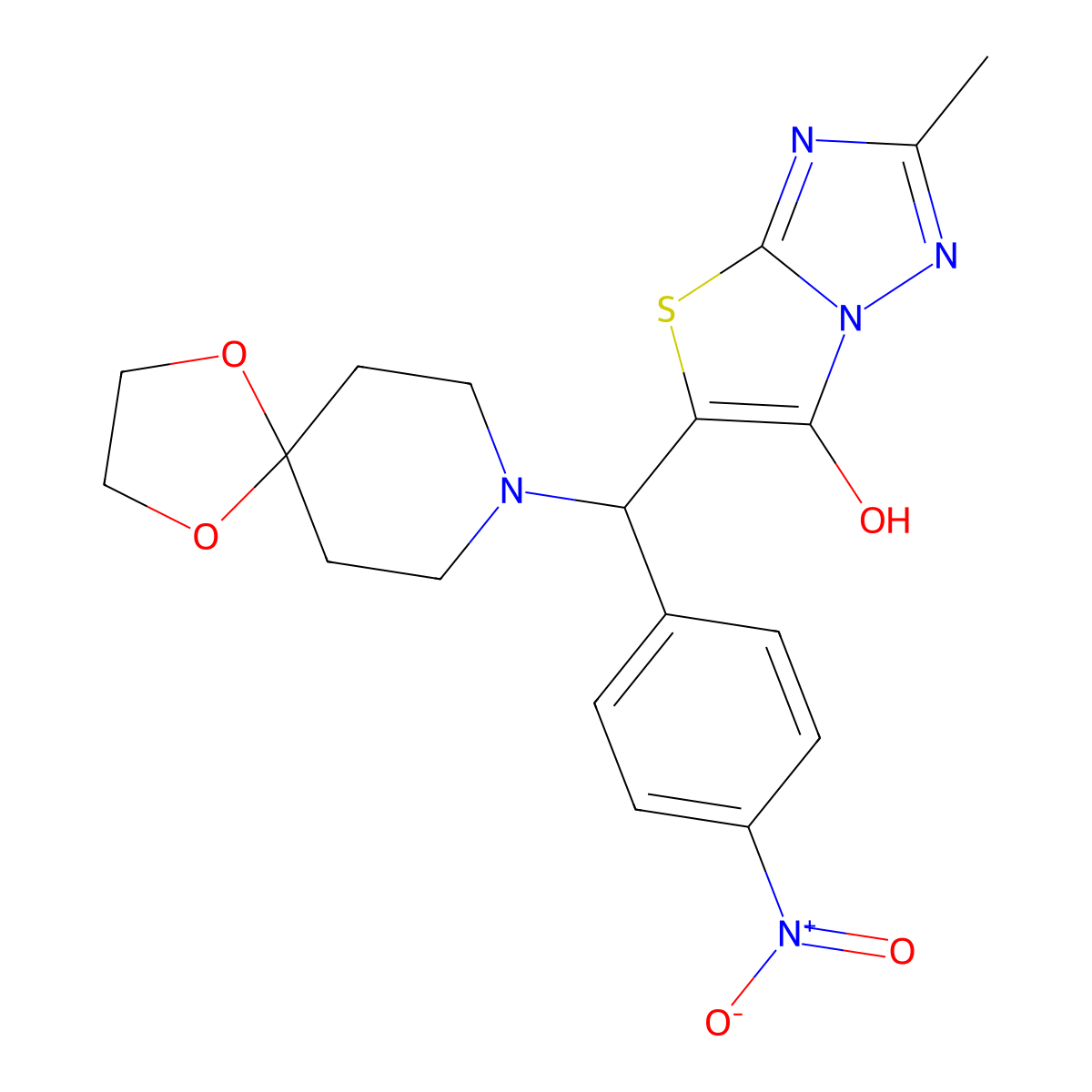 2-Methyl-5-((4-nitrophenyl)(1,4-dioxa-8-azaspiro[4.5]decan-8-yl)methyl)thiazolo[3,2-b][1,2,4]triazol-6-ol molecular structure, CAS 851969-14-7