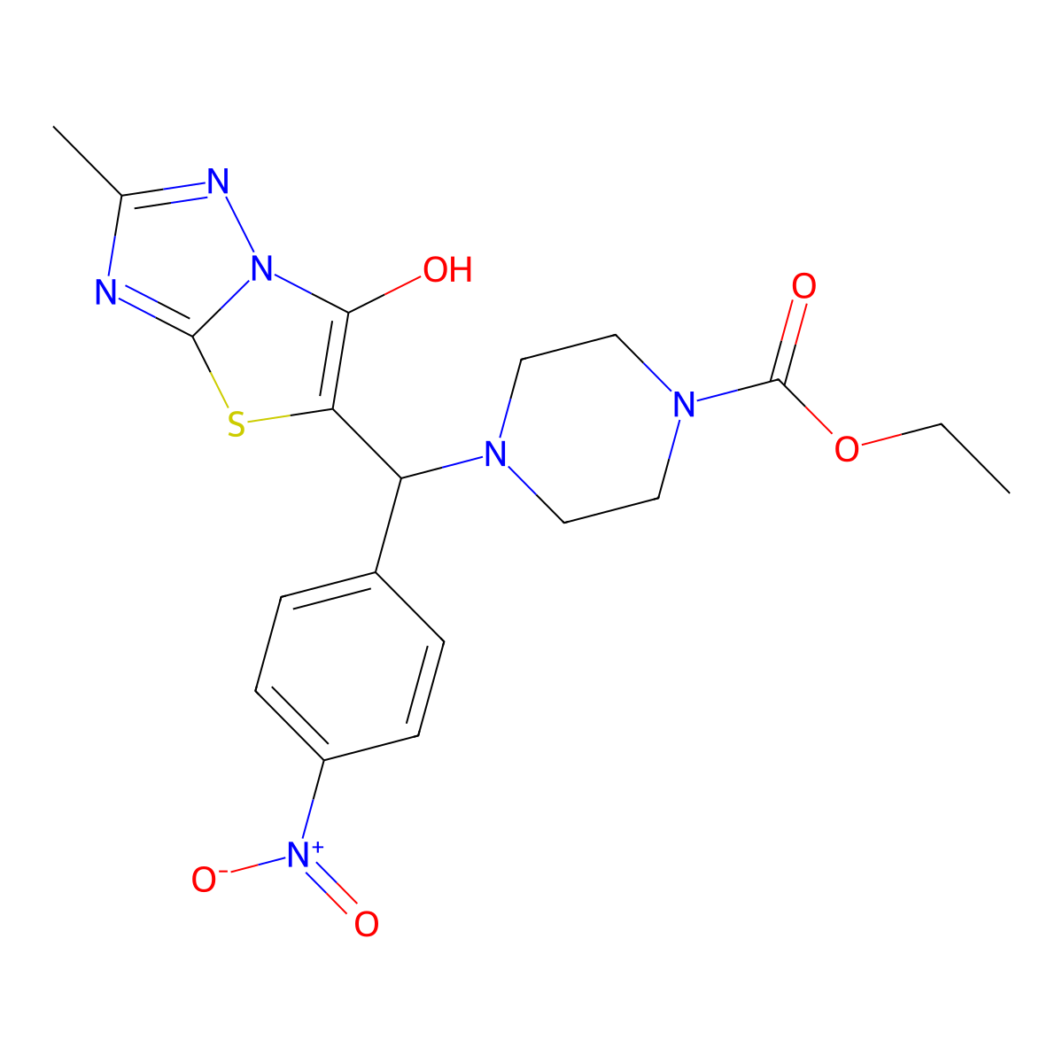 Ethyl 4-((6-hydroxy-2-methylthiazolo[3,2-b][1,2,4]triazol-5-yl)(4-nitrophenyl)methyl)piperazine-1-carboxylate molecular structure, CAS 851969-21-6