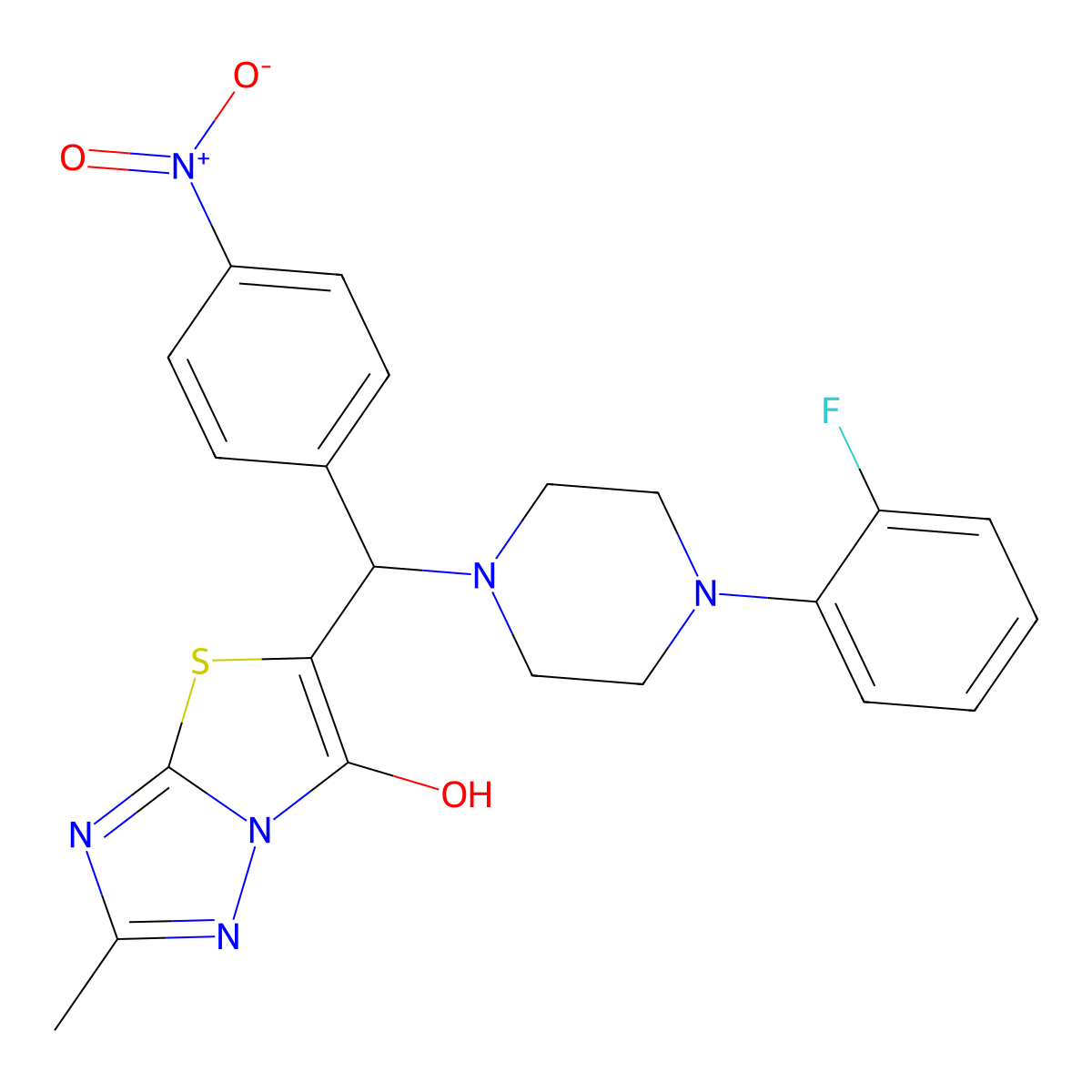5-((4-(2-Fluorophenyl)piperazin-1-yl)(4-nitrophenyl)methyl)-2-methylthiazolo[3,2-b][1,2,4]triazol-6-ol molecular structure, CAS 851969-24-9