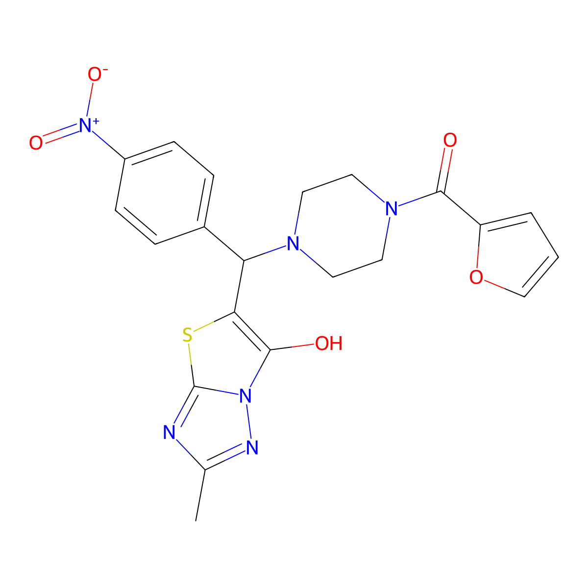 Furan-2-yl(4-((6-hydroxy-2-methylthiazolo[3,2-b][1,2,4]triazol-5-yl)(4-nitrophenyl)methyl)piperazin-1-yl)methanone molecular structure, CAS 851969-27-2