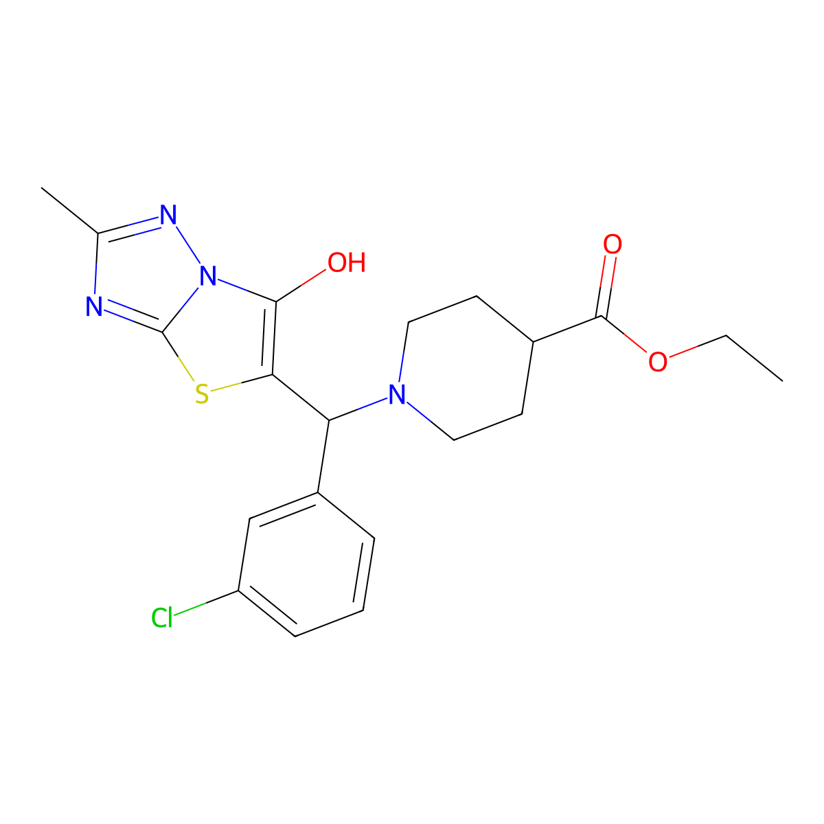 Ethyl 1-((3-chlorophenyl)(6-hydroxy-2-methylthiazolo[3,2-b][1,2,4]triazol-5-yl)methyl)piperidine-4-carboxylate molecular structure, CAS 851969-33-0