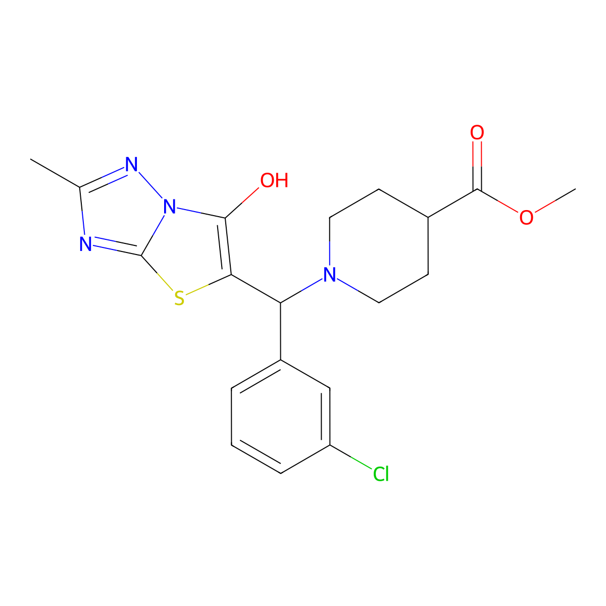 Methyl 1-((3-chlorophenyl)(6-hydroxy-2-methylthiazolo[3,2-b][1,2,4]triazol-5-yl)methyl)piperidine-4-carboxylate molecular structure, CAS 851969-34-1