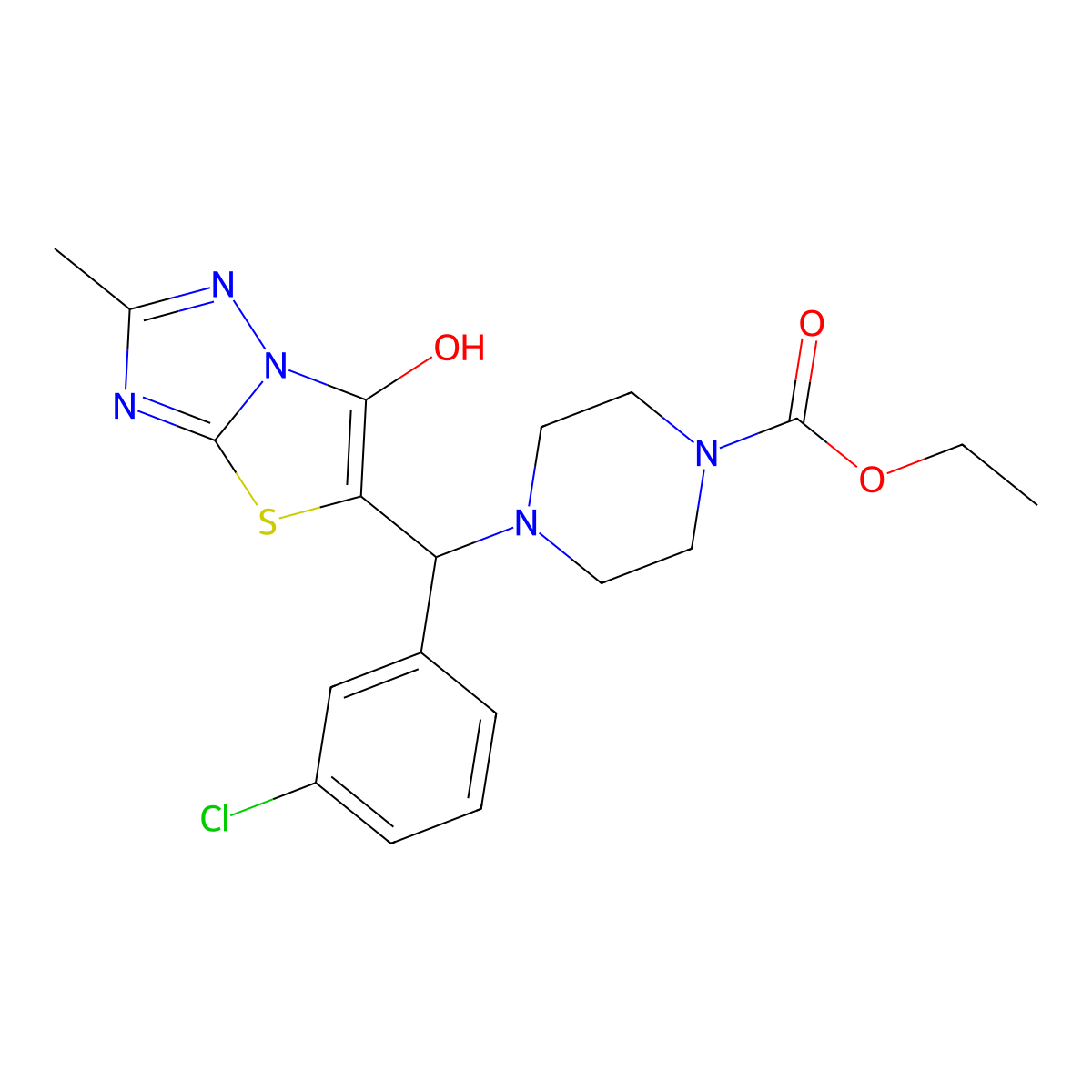 Ethyl 4-((3-chlorophenyl)(6-hydroxy-2-methylthiazolo[3,2-b][1,2,4]triazol-5-yl)methyl)piperazine-1-carboxylate molecular structure, CAS 851969-43-2