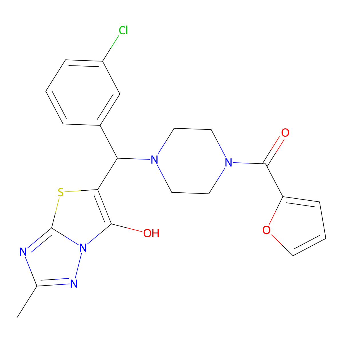 (4-((3-Chlorophenyl)(6-hydroxy-2-methylthiazolo[3,2-b][1,2,4]triazol-5-yl)methyl)piperazin-1-yl)(furan-2-yl)methanone molecular structure, CAS 851969-49-8
