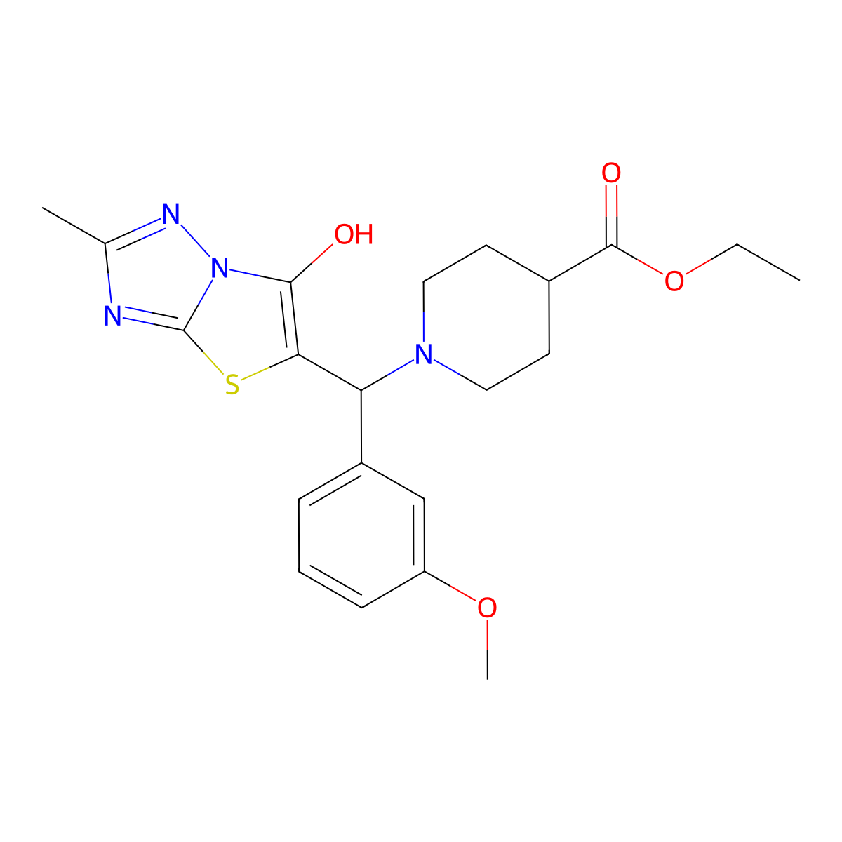 Ethyl 1-((6-hydroxy-2-methylthiazolo[3,2-b][1,2,4]triazol-5-yl)(3-methoxyphenyl)methyl)piperidine-4-carboxylate molecular structure, CAS 851969-55-6