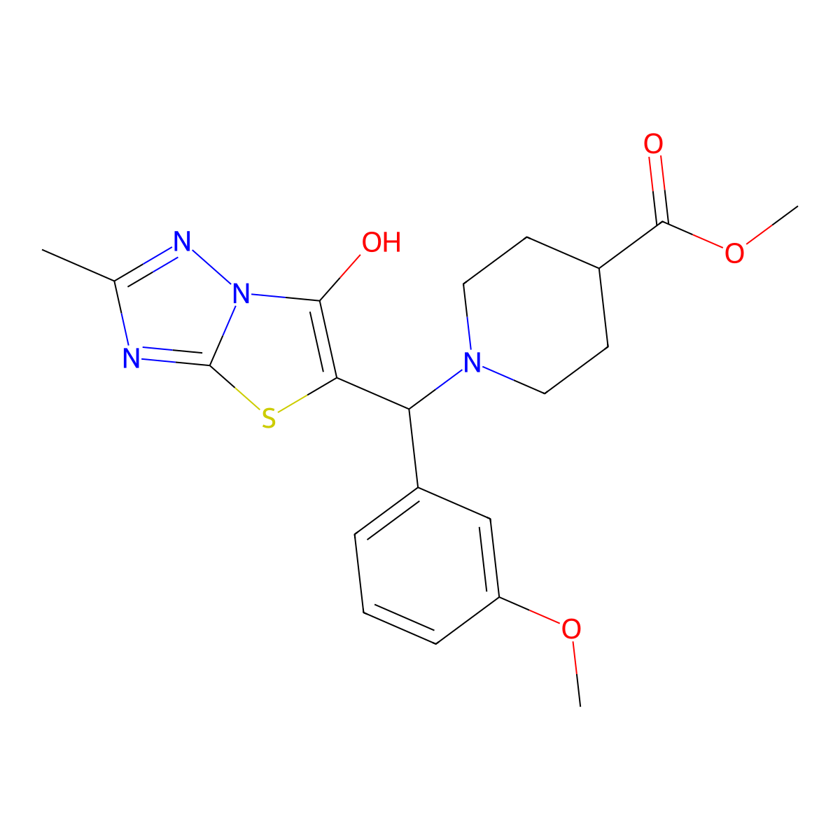 Methyl 1-((6-hydroxy-2-methylthiazolo[3,2-b][1,2,4]triazol-5-yl)(3-methoxyphenyl)methyl)piperidine-4-carboxylate molecular structure, CAS 851969-56-7
