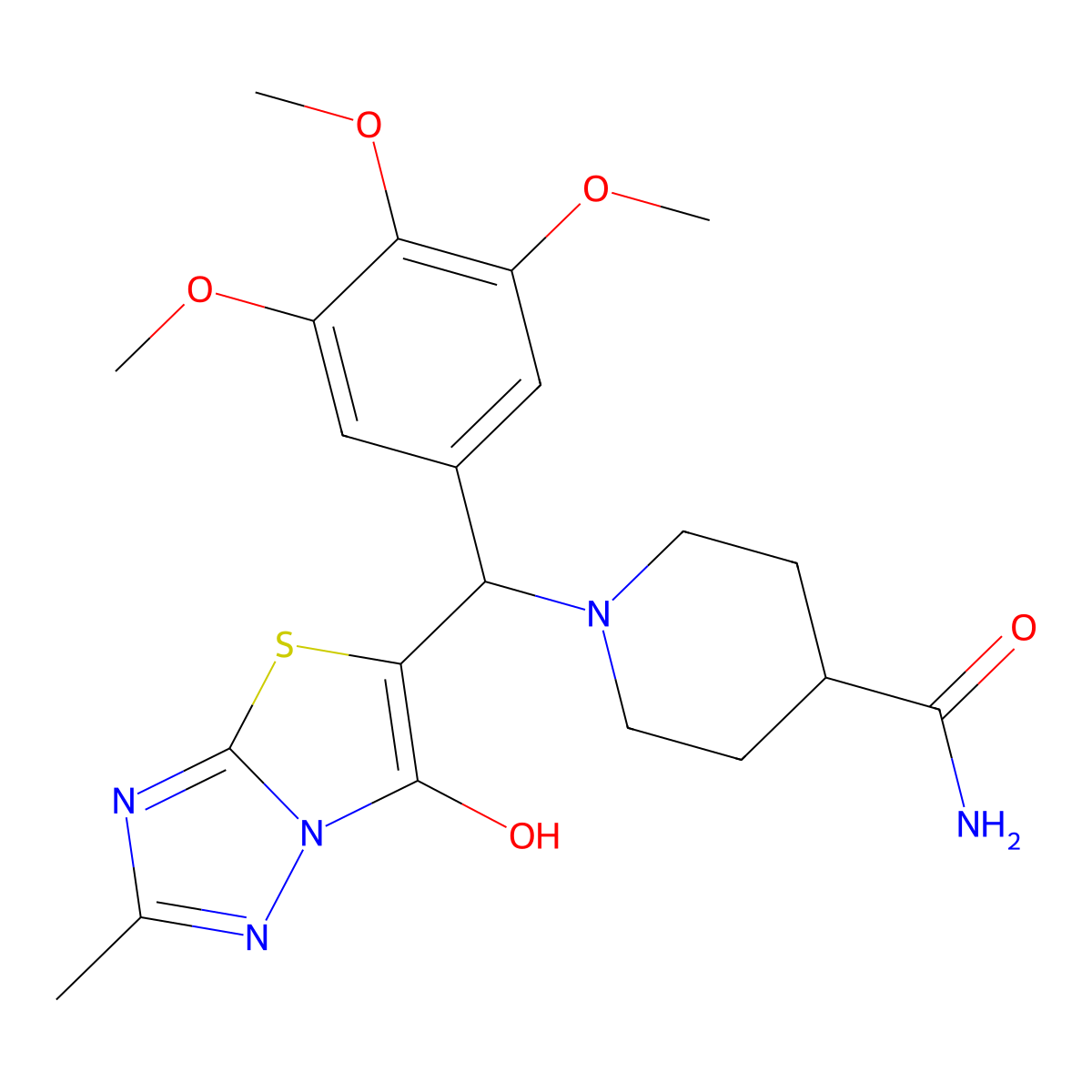 1-((6-Hydroxy-2-methylthiazolo[3,2-b][1,2,4]triazol-5-yl)(3,4,5-trimethoxyphenyl)methyl)piperidine-4-carboxamide molecular structure, CAS 851969-77-2