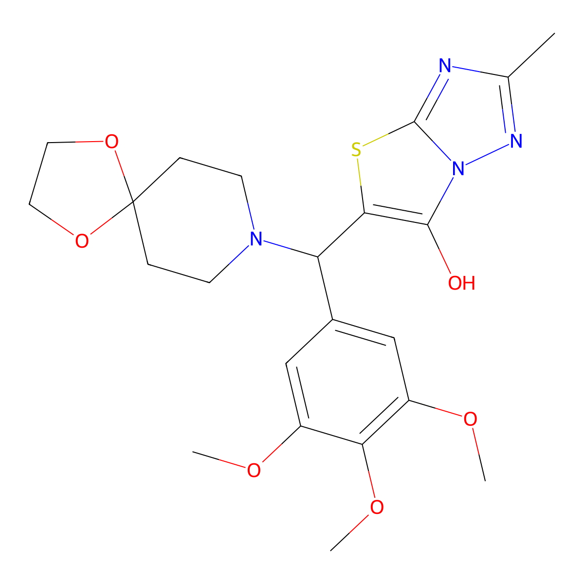 5-(1,4-Dioxa-8-azaspiro[4.5]decan-8-yl(3,4,5-trimethoxyphenyl)methyl)-2-methylthiazolo[3,2-b][1,2,4]triazol-6-ol molecular structure, CAS 851969-79-4