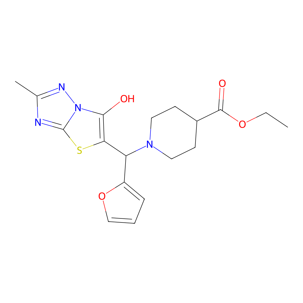 Ethyl 1-(furan-2-yl(6-hydroxy-2-methylthiazolo[3,2-b][1,2,4]triazol-5-yl)methyl)piperidine-4-carboxylate molecular structure, CAS 851969-94-3
