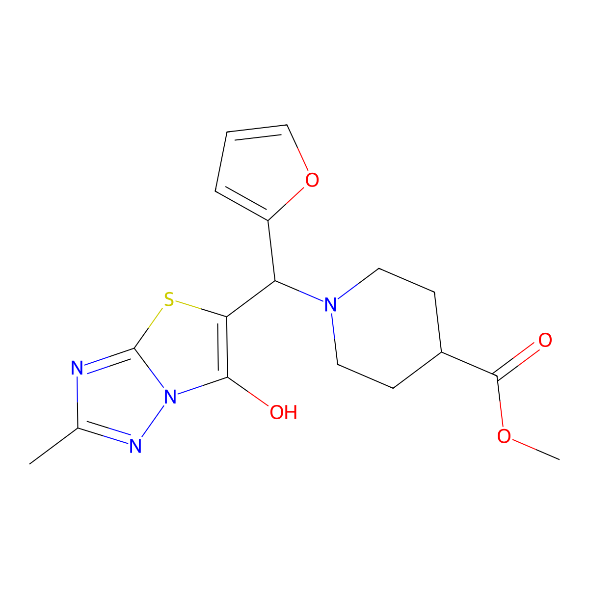 Methyl 1-(furan-2-yl(6-hydroxy-2-methylthiazolo[3,2-b][1,2,4]triazol-5-yl)methyl)piperidine-4-carboxylate molecular structure, CAS 851969-95-4