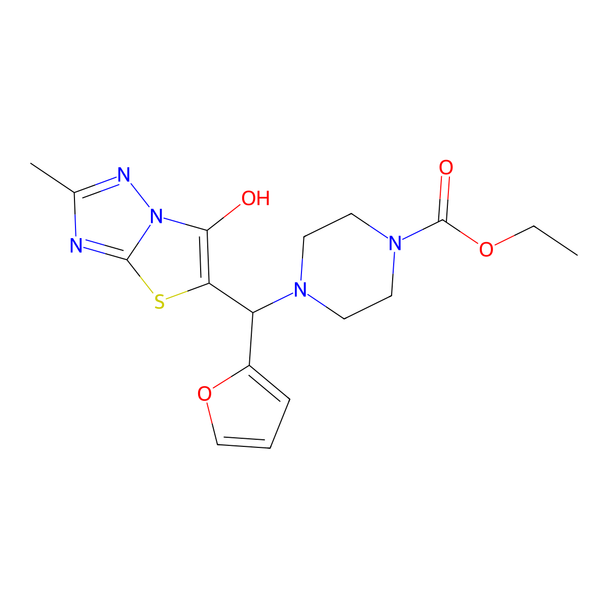 Ethyl 4-(furan-2-yl(6-hydroxy-2-methylthiazolo[3,2-b][1,2,4]triazol-5-yl)methyl)piperazine-1-carboxylate molecular structure, CAS 851970-05-3