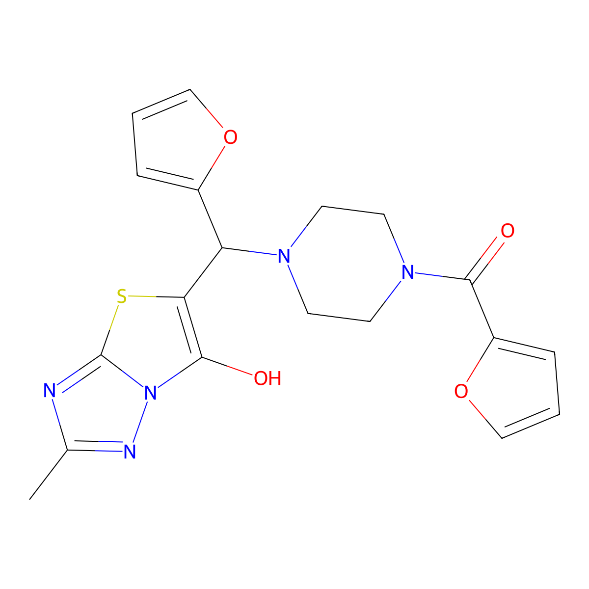 Furan-2-yl(4-(furan-2-yl(6-hydroxy-2-methylthiazolo[3,2-b][1,2,4]triazol-5-yl)methyl)piperazin-1-yl)methanone molecular structure, CAS 851970-11-1