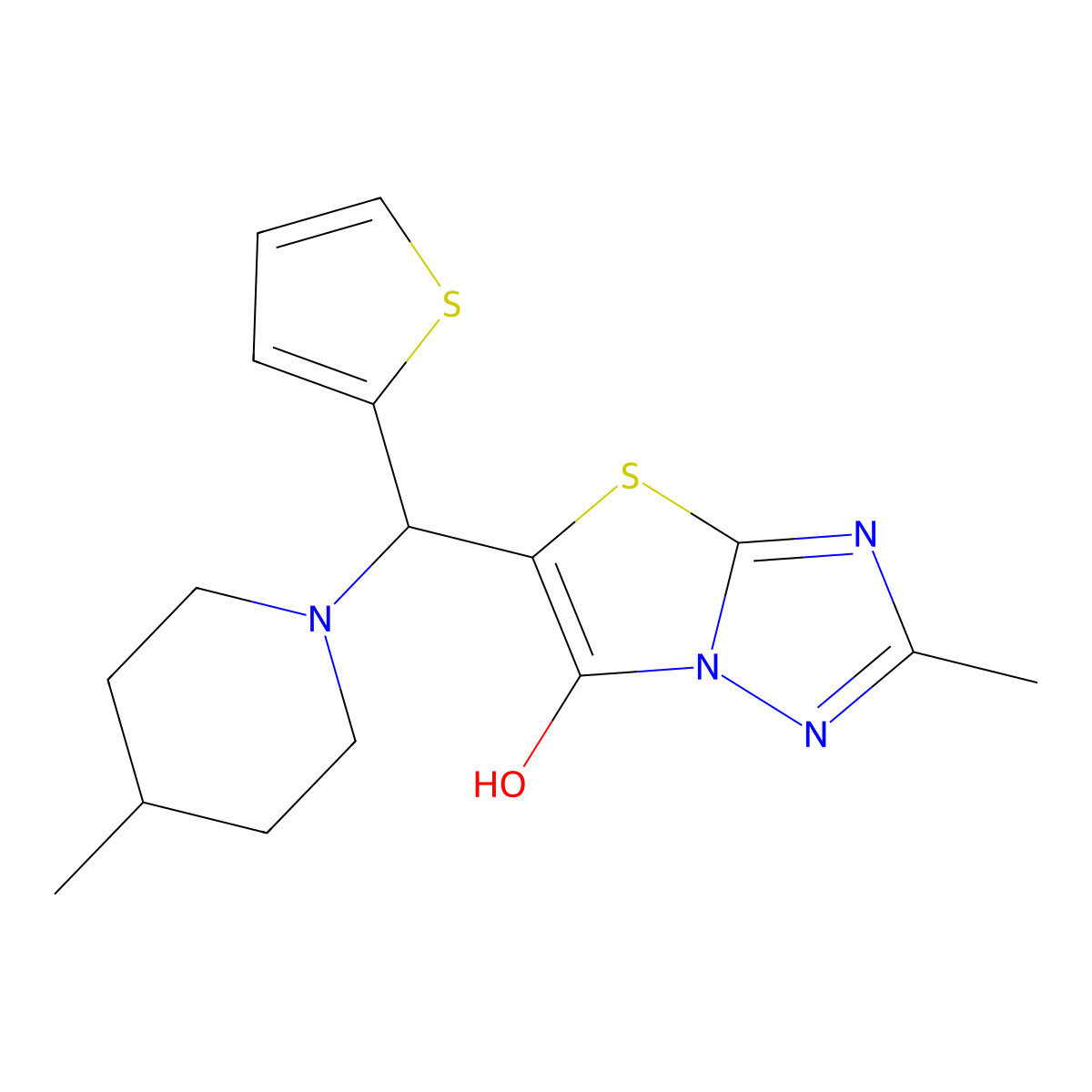 2-Methyl-5-((4-methylpiperidin-1-yl)(thiophen-2-yl)methyl)thiazolo[3,2-b][1,2,4]triazol-6-ol molecular structure, CAS 851970-15-5