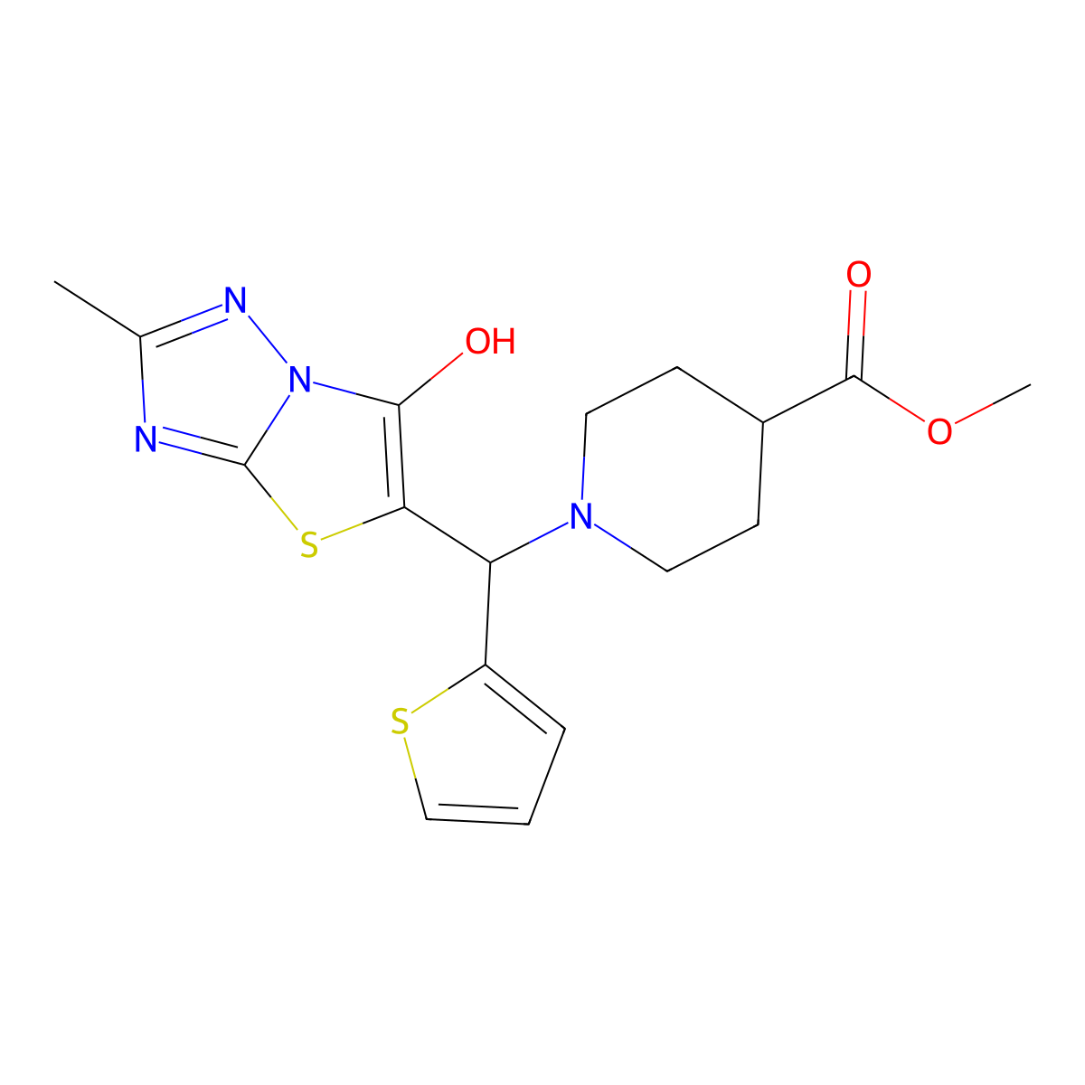 Methyl 1-((6-hydroxy-2-methylthiazolo[3,2-b][1,2,4]triazol-5-yl)(thiophen-2-yl)methyl)piperidine-4-carboxylate molecular structure, CAS 851970-17-7
