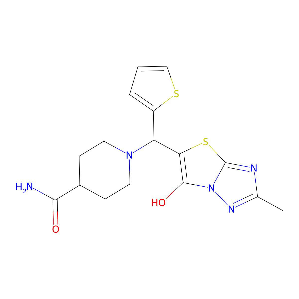 1-((6-Hydroxy-2-methylthiazolo[3,2-b][1,2,4]triazol-5-yl)(thiophen-2-yl)methyl)piperidine-4-carboxamide molecular structure, CAS 851970-18-8