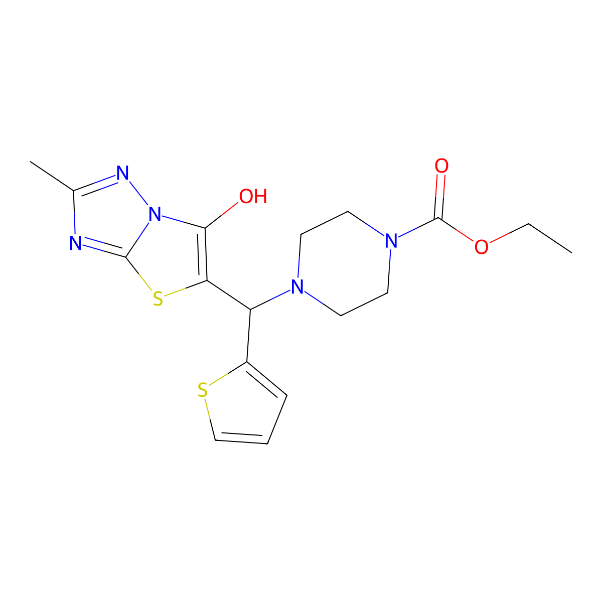 Ethyl 4-((6-hydroxy-2-methylthiazolo[3,2-b][1,2,4]triazol-5-yl)(thiophen-2-yl)methyl)piperazine-1-carboxylate molecular structure, CAS 851970-26-8