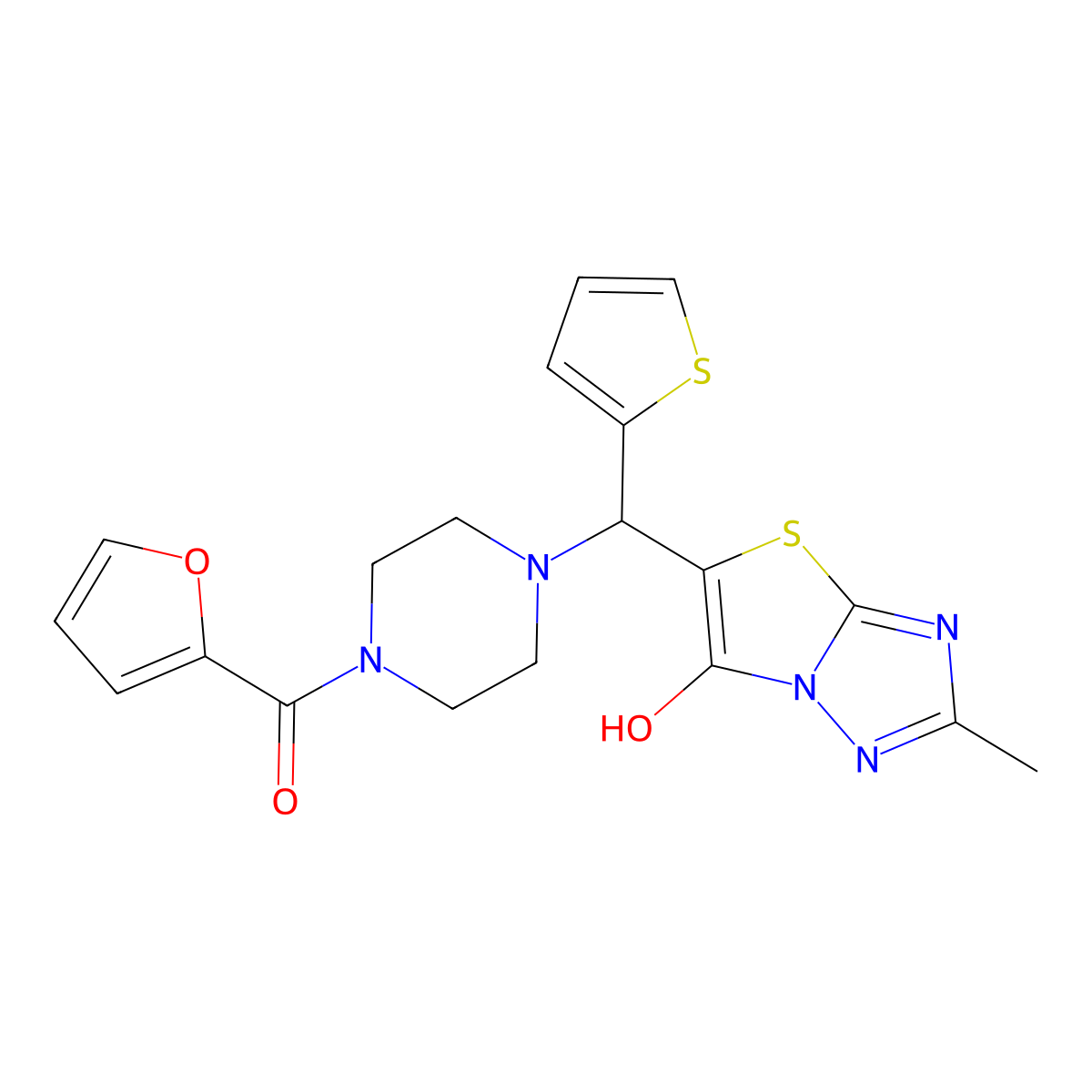 2-Furanyl-[4-[(6-hydroxy-2-methyl-5-thiazolo[3,2-b][1,2,4]triazolyl)-thiophen-2-ylmethyl]-1-piperazinyl]methanone molecular structure, CAS 851970-32-6