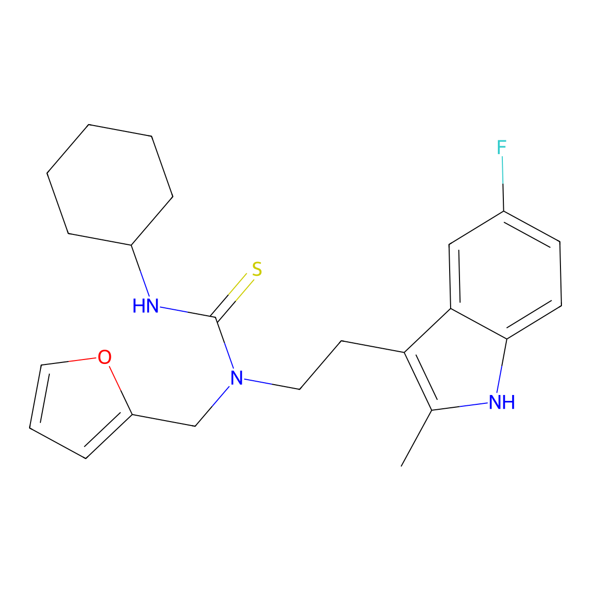 3-cyclohexyl-1-(2-(5-fluoro-2-methyl-1H-indol-3-yl)ethyl)-1-(furan-2-ylmethyl)thiourea molecular structure, CAS 851970-60-0
