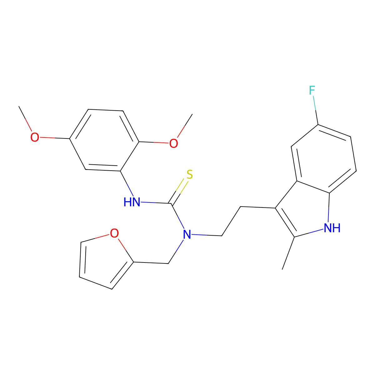 1-(2,5-dimethoxyphenyl)-3-[2-(5-fluoro-2-methyl-1H-indol-3-yl)ethyl]-3-[(furan-2-yl)methyl]thiourea molecular structure, CAS 851970-73-5